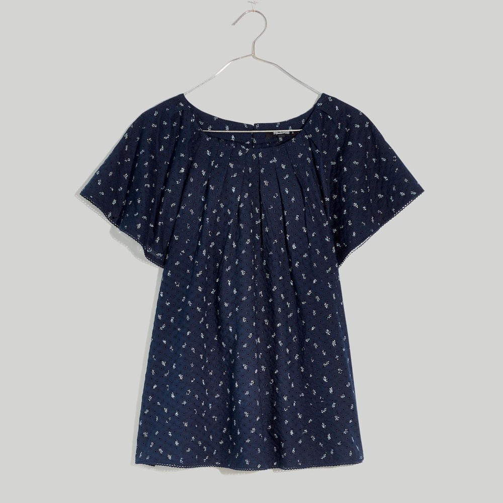 Madewell Embroidered Flutter-Sleeve Top in Navy Berry Stems